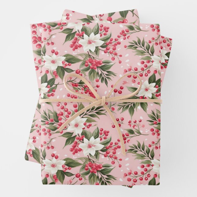 Beautiful Shabby Chic Pink Christmas Floral Berry Wrapping Paper Sheet (In situ)