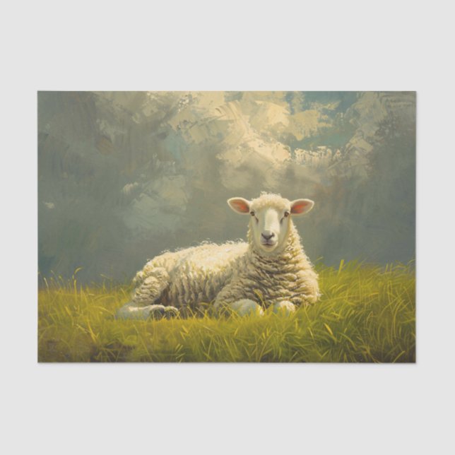 Beautiful Sheep in a Field Oil Painting Decoupage Tissue Paper (Front)