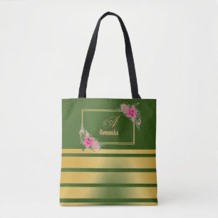 Beautiful Shiny Golden Stripes Girly Name Monogram Tote Bag
