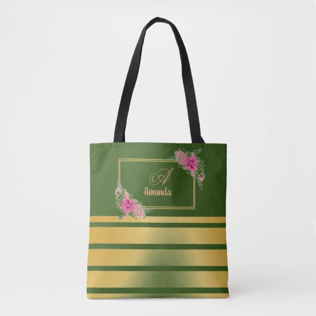 Beautiful Shiny Golden Stripes Girly Name Monogram Tote Bag (Front)