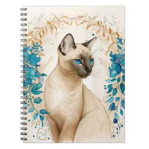 BEAUTIFUL SIAMESE CAT WITH BLUE FLOWERS NOTEBOOK