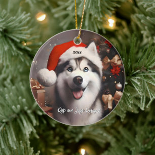 Beautiful Siberian Husky with Santa Hat Ceramic Tree Decoration