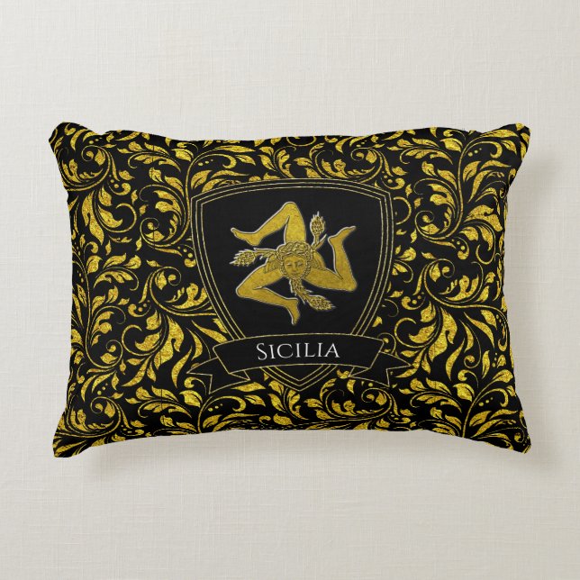 Beautiful Sicilian Trinacria Gold and Black Decorative Cushion (Front)