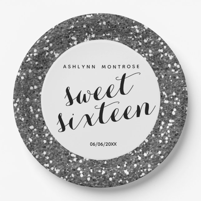 Beautiful Silver Glitter Sweet 16 Paper Plate (Front)