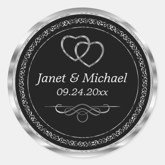 Beautiful  Silver Hearts on Black    Classic Round Sticker (Front)