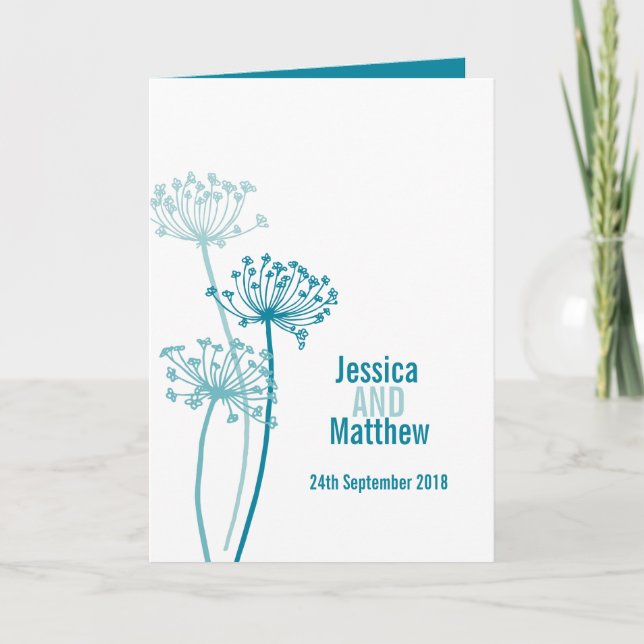 Beautiful simple aqua blue cows parsley wedding programme (Front)