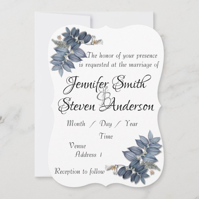 Beautiful simple blue leaves wedding invitation (Front)