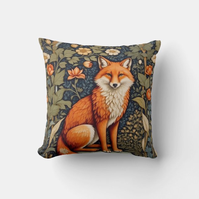 Beautiful Sitting Red Fox William Morris Inspired  Cushion (Front)