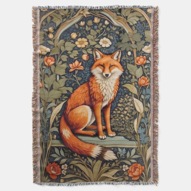 Beautiful Sitting Red Fox William Morris Inspired  Throw Blanket (Front Vertical)