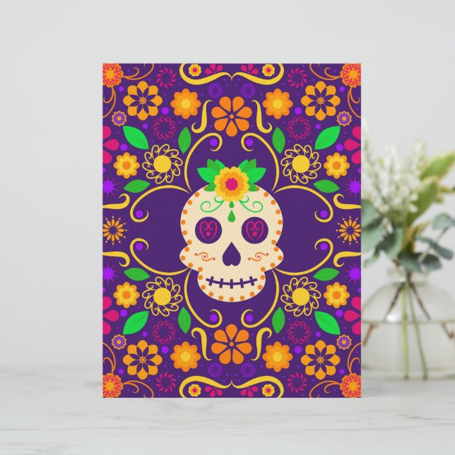 Beautiful Skull with Flowers Día de los Muertos Custom Letterhead (Standing Front)