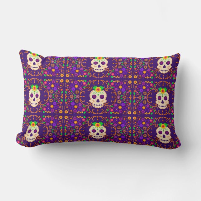 Beautiful Skull with Flowers Día de los Muertos Lumbar Cushion (Front)
