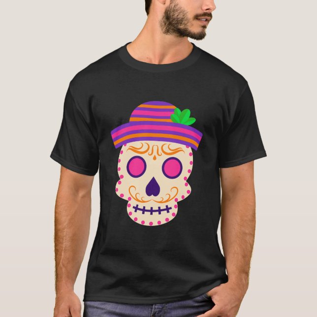 Beautiful Skull with Sombrero Día de los Muertos T-Shirt (Front)
