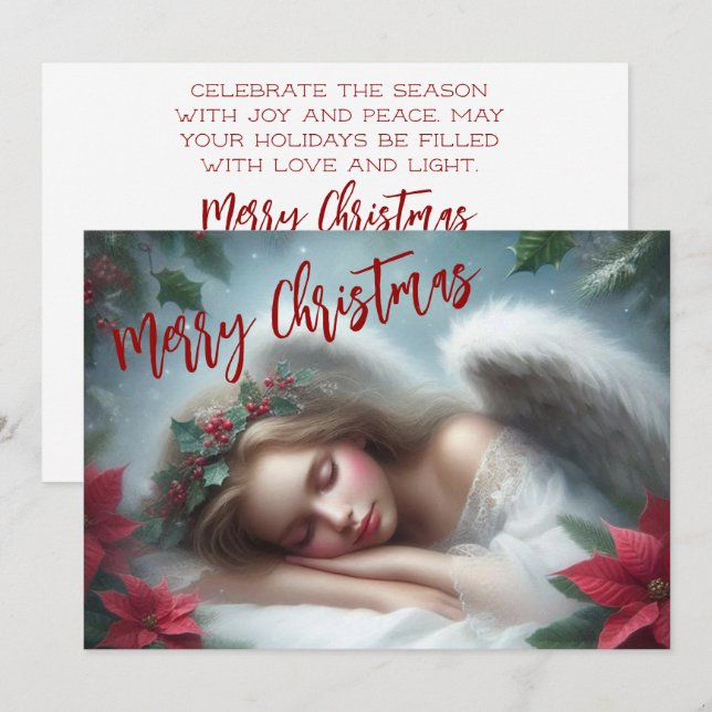 Beautiful sleeping angel with Poinsettias  Holiday Card (Front/Back)
