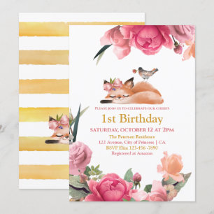 Beautiful Sleepy Fox and Flowers 1st Birthday Invitation
