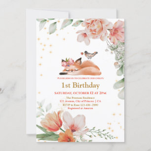 Beautiful Sleepy Fox Gold Glitter 1st Birthday  In Invitation