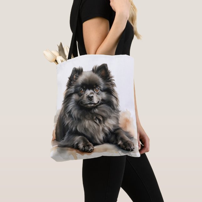 BEAUTIFUL SMALL BLACK POMERANIAN PUPPY DOG TOTE BAG (Close Up)