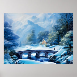 Beautiful snow filled landscape with stone bridge poster