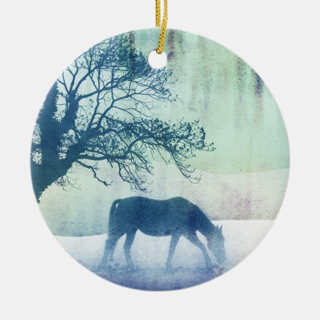Beautiful Snow Horse Artwork Ceramic Tree Decoration (Front)
