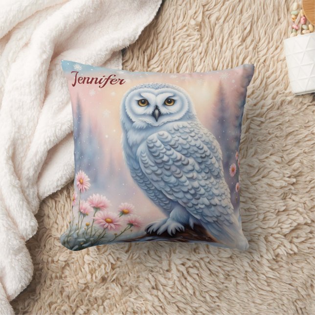 Beautiful Snow Owl, pink flowers. Editable name Cushion (Blanket)