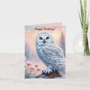 Beautiful Snow Owl, pink flowers. Editable name Note Card