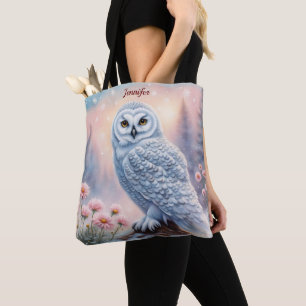 Beautiful Snow Owl, pink flowers. Editable name Tote Bag