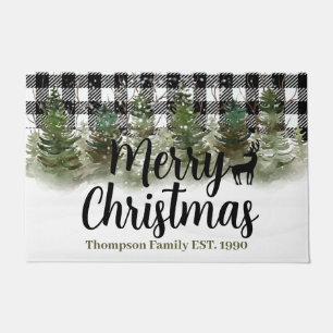 Beautiful snowfall winter season buffalo plaid doormat