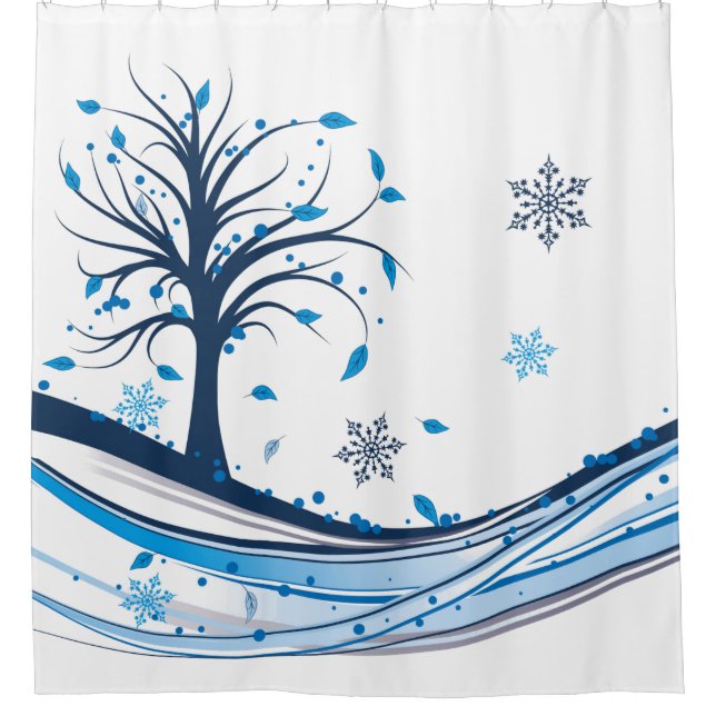 Beautiful Snowflake Winter Tree Blue and White Shower Curtain (Front)