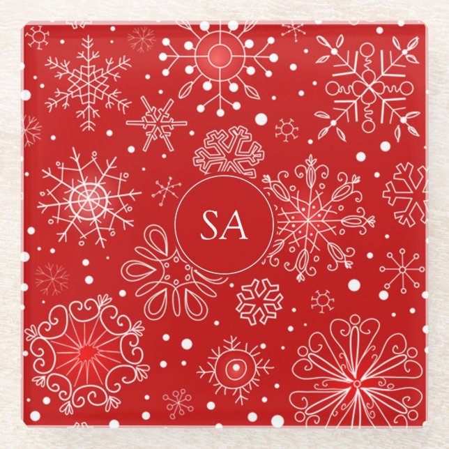 Beautiful Snowflakes on Red Background Christmas Glass Coaster (Front)