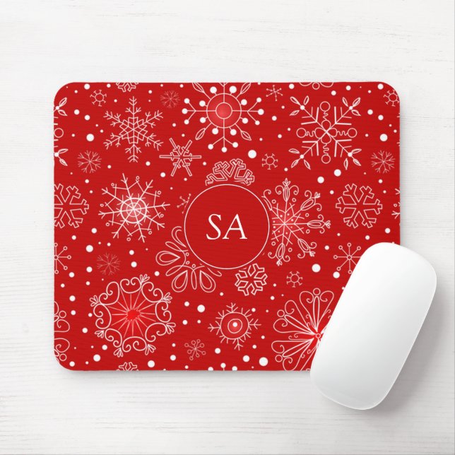 Beautiful Snowflakes on Red Background Christmas Mouse Mat (With Mouse)
