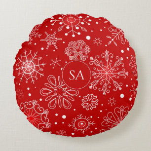 Beautiful Snowflakes on Red Background Christmas Round Cushion