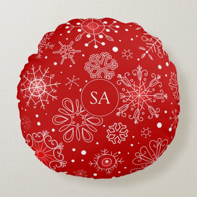 Beautiful Snowflakes on Red Background Christmas Round Cushion (Front)
