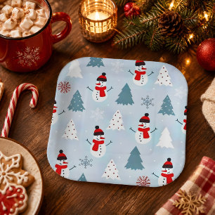 Beautiful Snowman Christmas Tree Christmas Party Paper Plate