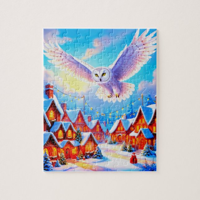 Beautiful Snowy Owl Flying Over Christmas Village Jigsaw Puzzle (Vertical)