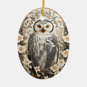 Beautiful Snowy Owl William Morris Inspired Ceramic Tree Decoration