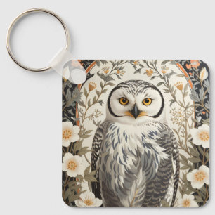 Beautiful Snowy Owl William Morris Inspired Key Ring