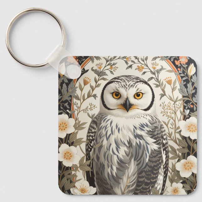 Beautiful Snowy Owl William Morris Inspired Key Ring (Front)