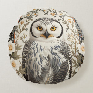 Beautiful Snowy Owl William Morris Inspired Round Cushion