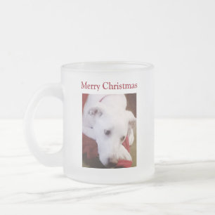 Beautiful Snowy White Puppy Dog Red Christmas Frosted Glass Coffee Mug