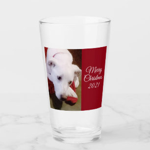 Beautiful Snowy White Puppy Dog Red Christmas Glass