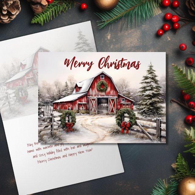 Beautiful Snowy Winter Rustic Red Barn Christmas Holiday Card (Beautiful Snowy Winter Rustic Red Barn Christmas Holiday Card)