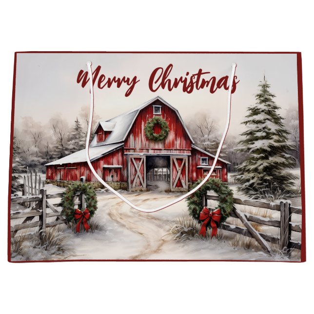 Beautiful Snowy Winter Rustic Red Barn Christmas Large Gift Bag (Front)