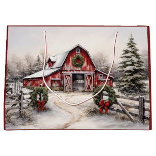 Beautiful Snowy Winter Rustic Red Barn Christmas Large Gift Bag