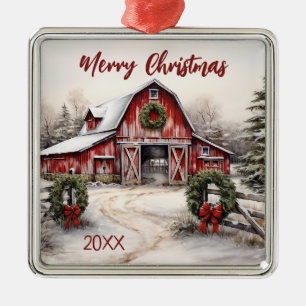 Beautiful Snowy Winter Rustic Red Barn Christmas Metal Tree Decoration