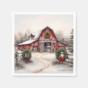 Beautiful Snowy Winter Rustic Red Barn Christmas Napkin
