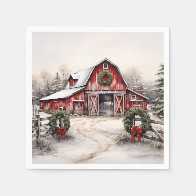 Beautiful Snowy Winter Rustic Red Barn Christmas Napkin (Front)