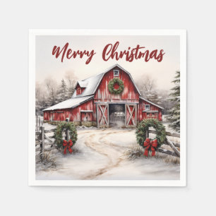 Beautiful Snowy Winter Rustic Red Barn Christmas Napkin