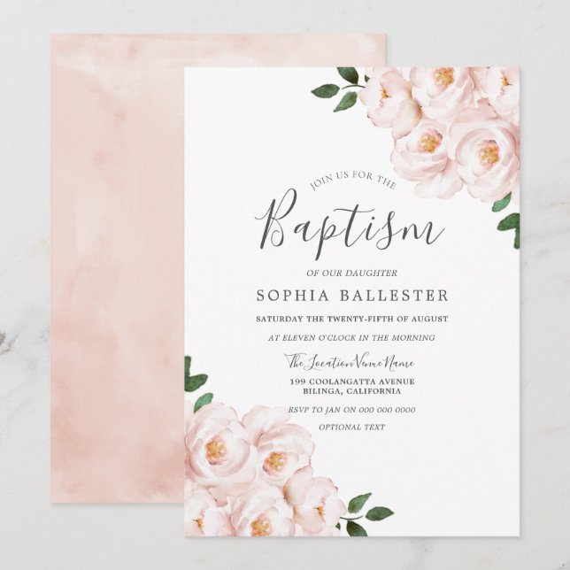 Beautiful Soft Blush Pink Floral Baby Girl Baptism Invitation (Front/Back)