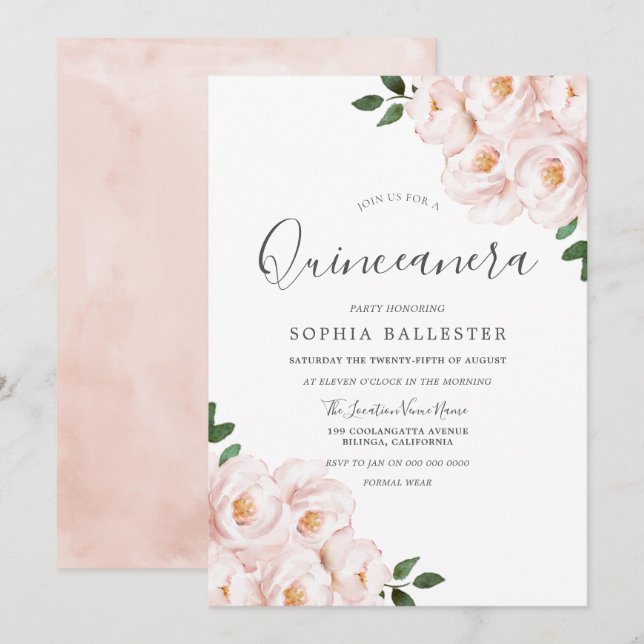 Beautiful Soft Blush Pink Flowers Quinceanera Invitation (Front/Back)