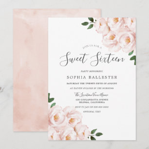Beautiful Soft Blush Pink Flowers Sweet 16 Invitation