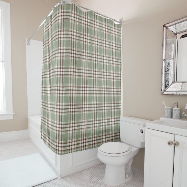 Beautiful Soft Green Neutral Plaid Shower Curtain (In Situ)